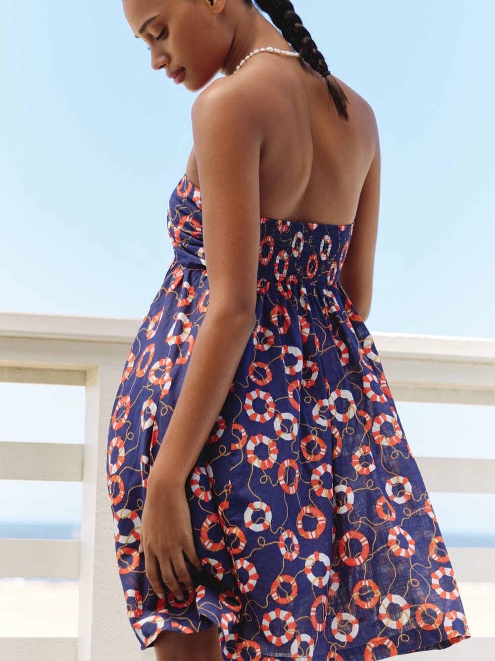 Strapless Navy Lifesaver Print Tie-Front Dress - Picture 2 of 6